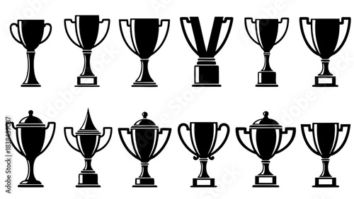 A collection of twelve black silhouette trophy icons, representing various awards and achievements.