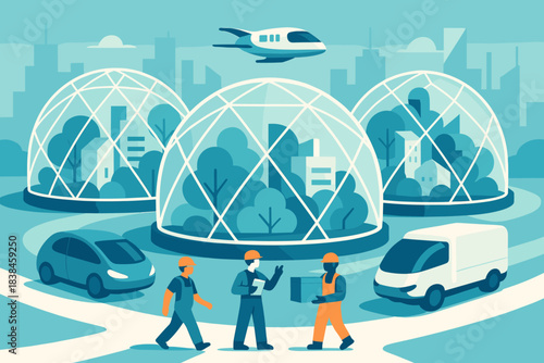 Modern city landscape with workers, vehicles, and greenhouses at midday