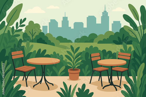 Relaxing outdoor cafe scene with tables and chairs in urban park setting surrounded by city skyline