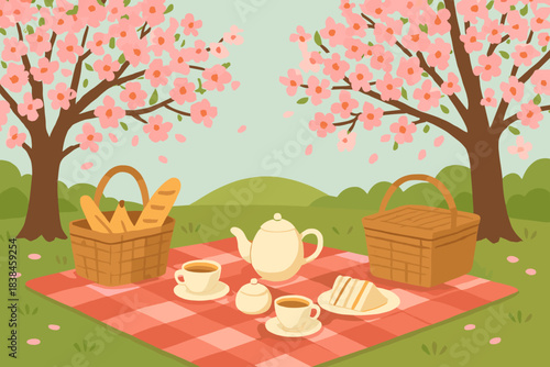 Picnic setup under cherry blossom trees in spring with food and drinks on a blanket