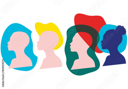 Abstract illustration of four diverse human head silhouettes in profile with colorful overlapping shapes representing individuality and community.