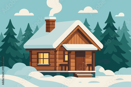 Snow-covered wooden cabin in a forest during winter with smoke rising from the chimney