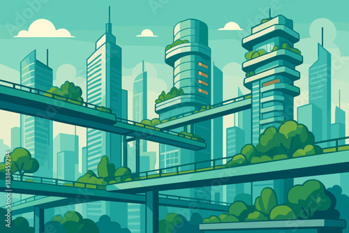 Urban landscape with green spaces and modern structures in a city setting during daytime