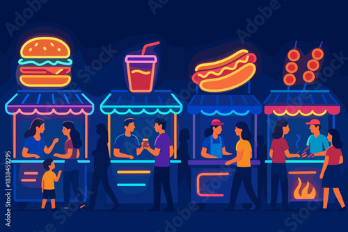 Food stalls serve snacks and drinks at night market with colorful neon lights in lively atmosphere