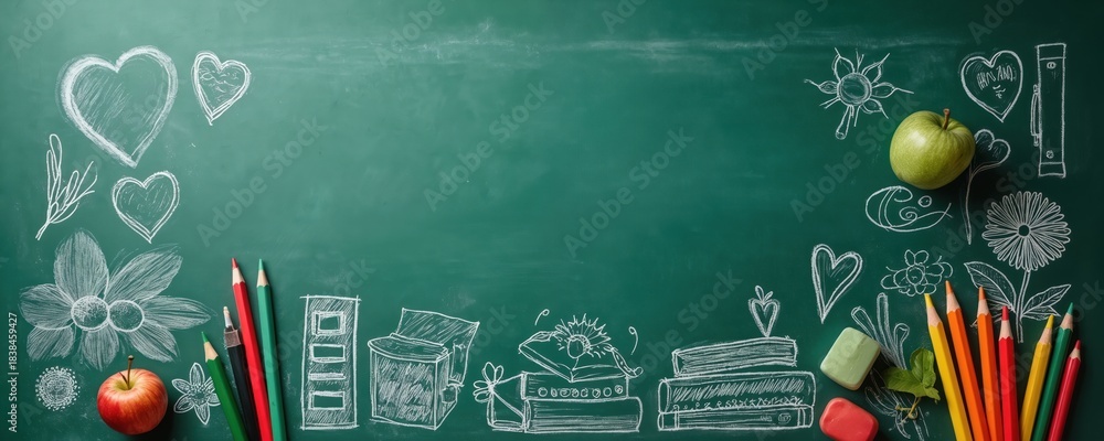 Fototapeta premium Green chalkboard with chalk drawn school items, apple. Back to school concept. White chalk doodles various supplies. Classroom texture with hearts, books, pencils, flowers, education theme. Learning