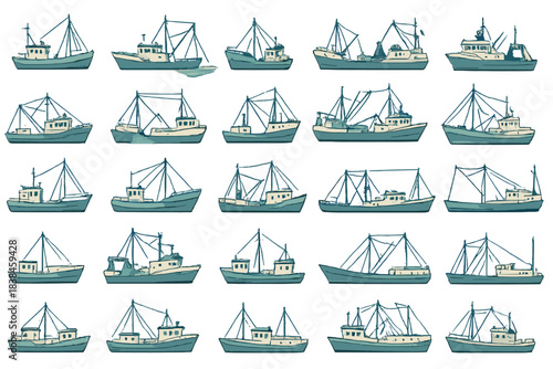 Fishing boats in a variety of designs and sizes arranged in a grid pattern on a simple background for illustration purposes