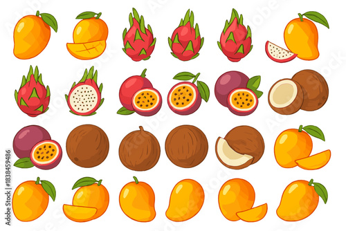 Colorful display of various tropical fruits including mangos, dragon fruits, and passion fruits on a white background