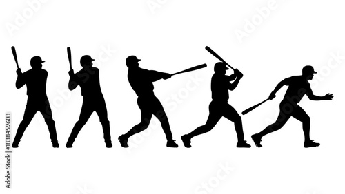A sequence of five black silhouettes depicting a baseball player swinging a bat and running, illustrating the motion of a baseball swing.