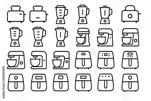 Different kitchen appliances in a grid layout with various designs and functions presented clearly