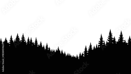 Black silhouette of a dense coniferous forest against a white background, depicting a natural landscape with a valley shape.