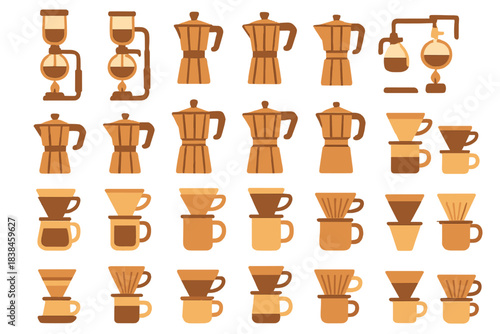 Different types of coffee brewing tools and mugs displayed in an arranged layout on a flat surface with simple designs