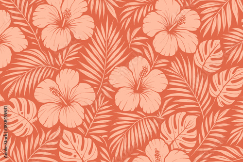 Pattern of hibiscus flowers and palm leaves on a coral background in a tropical design style used for fabric or wallpaper