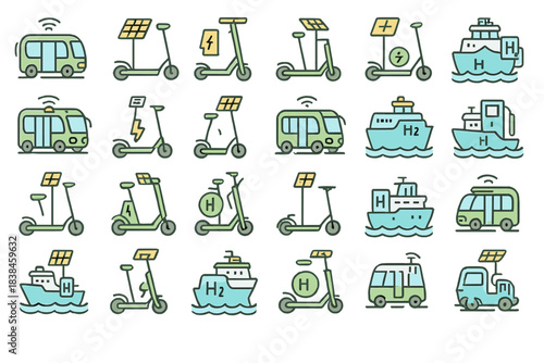 Various types of clean energy vehicles and transportation methods shown in a simple graphic design