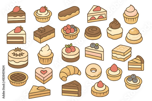 Desserts on display with various cakes and treats at a bakery during daytime