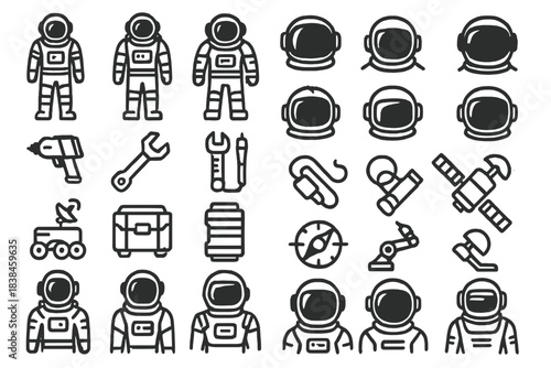 Collection of astronaut icons and space equipment including tools and vehicles in a grid format on a plain background