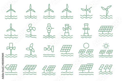Icons of renewable energy technologies featuring wind turbines, solar panels, and water turbines in a grid layout