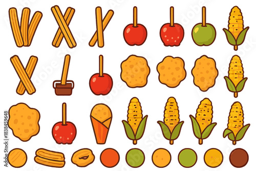 Many types of food displayed on a white background including churros, corn, and candy apples