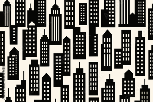 City skyline pattern with various building shapes and window designs in black and white colors
