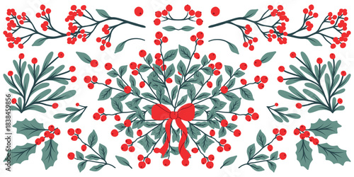 Christmas floral design elements set. Fir branches, leaves, twigs, berries, flowers, and a bow. Christmas decoration in a flat style on a white background.
