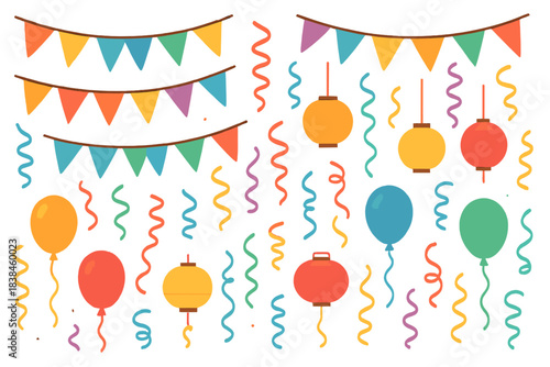 Colorful decorations with balloons, streamers, and lanterns for a festive celebration