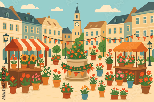 Market with flower stalls and a clock tower in a town square during the daytime in a vibrant setting