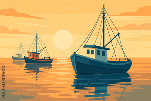 Fishing boats sail in the water as sun sets over the horizon