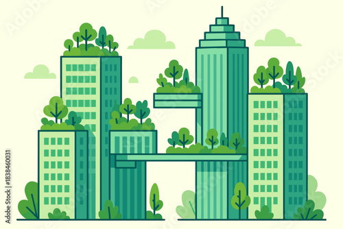 Modern buildings with greenery on rooftops and balconies in a city landscape