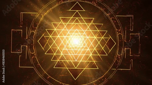 Glowing sacred Sri Yantra mandala radiating golden energy, spiritual geometry and meditation symbol, divine consciousness, cosmic balance, tantra wisdom, enlightenment cinematic video