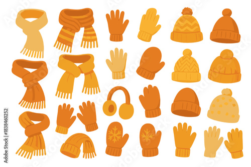 Collection of orange winter accessories displayed on a white background during a cold season