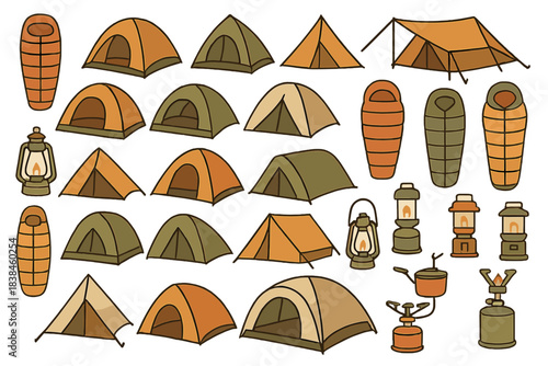Camping gear collection with different types of tents, sleeping bags, lamps, and cooking equipment for outdoor activities