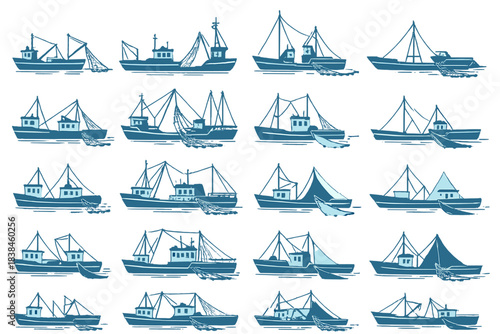 Collection of various fishing boats in different designs and sizes on a plain background