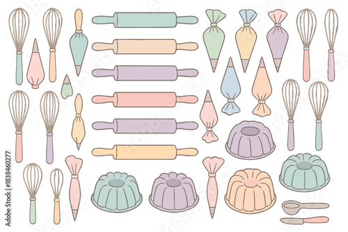 Colorful kitchen tools and baking tools arranged on a light background with rolling pins, whisks, and pastry bags featured