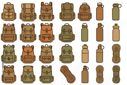Backpacks, water bottles, and ropes arranged on a white background for travel and outdoor activities