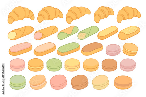 Different types of baked goods displayed on a white background showing various shapes and colors of pastries