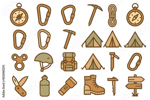 Collection of camping and outdoor adventure gear with essential tools and equipment