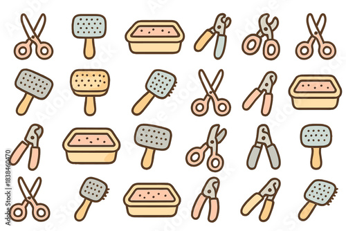 Various tools for grooming and care arranged in a pattern on a plain background showing a collection of grooming items at a home setting