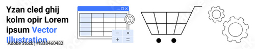 E-commerce, business analytics, budgeting, online store setup, financial management, data processing. Spreadsheet, shopping cart and gears icon. E-commerce and business analytics