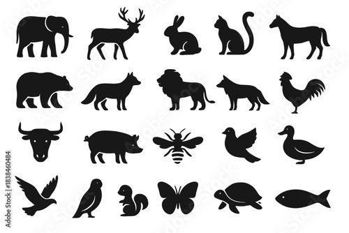 Silhouettes of different animals arranged in a grid showing various shapes and sizes for learning and identification purposes