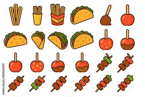 Various types of food items displayed in a simple and colorful illustration including snacks, tacos, and skewers