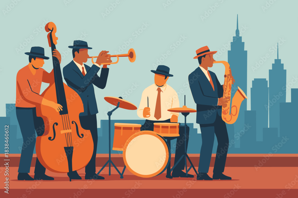 Fototapeta premium Jazz band performs on stage with city skyline in background during evening hours, creating a lively musical atmosphere