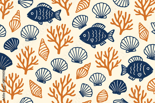 Fish, shells, and coral patterns create an ocean mural design for textile or wallpaper use in a beach-themed setting