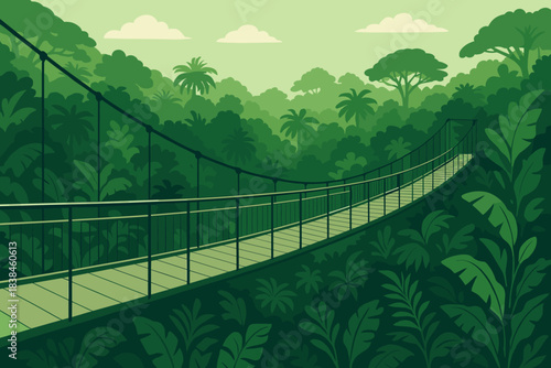 Suspension bridge crosses green forest in tropical wilderness near jungle at midday