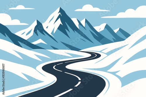 Mountain road winding through snow-covered landscape under cloudy sky at daytime