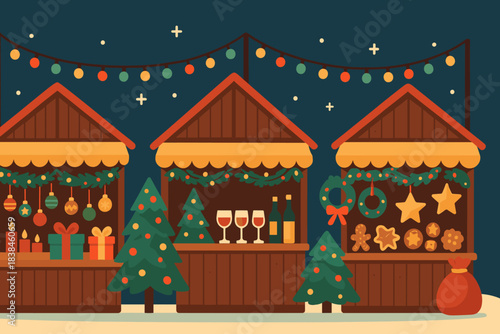 Festive market with three stalls decorated for a winter celebration at night