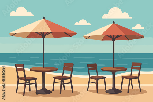 Seaside tables with umbrellas for relaxation near the water in a sunny location