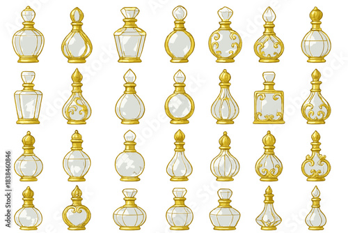 Unique collection of decorative glass bottles with golden accents displayed in various shapes and sizes for craft and design inspiration