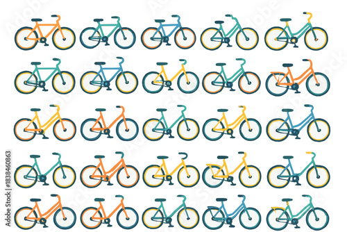 Various bicycles arranged in rows showing different colors and styles in a simple pattern