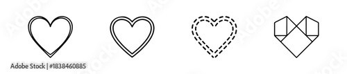 Set of four simple black line heart icons. Minimalist vector love symbols with and without reflections, ideal for Valentine's Day design.