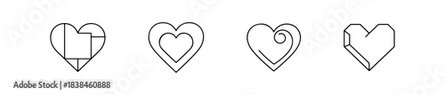 Set of four simple black line heart icons. Minimalist vector love symbols with and without reflections, ideal for Valentine's Day design.