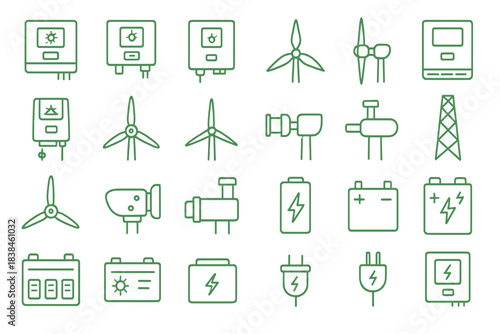 Collection of energy symbols featuring wind turbines, meters, and batteries for renewable energy concepts